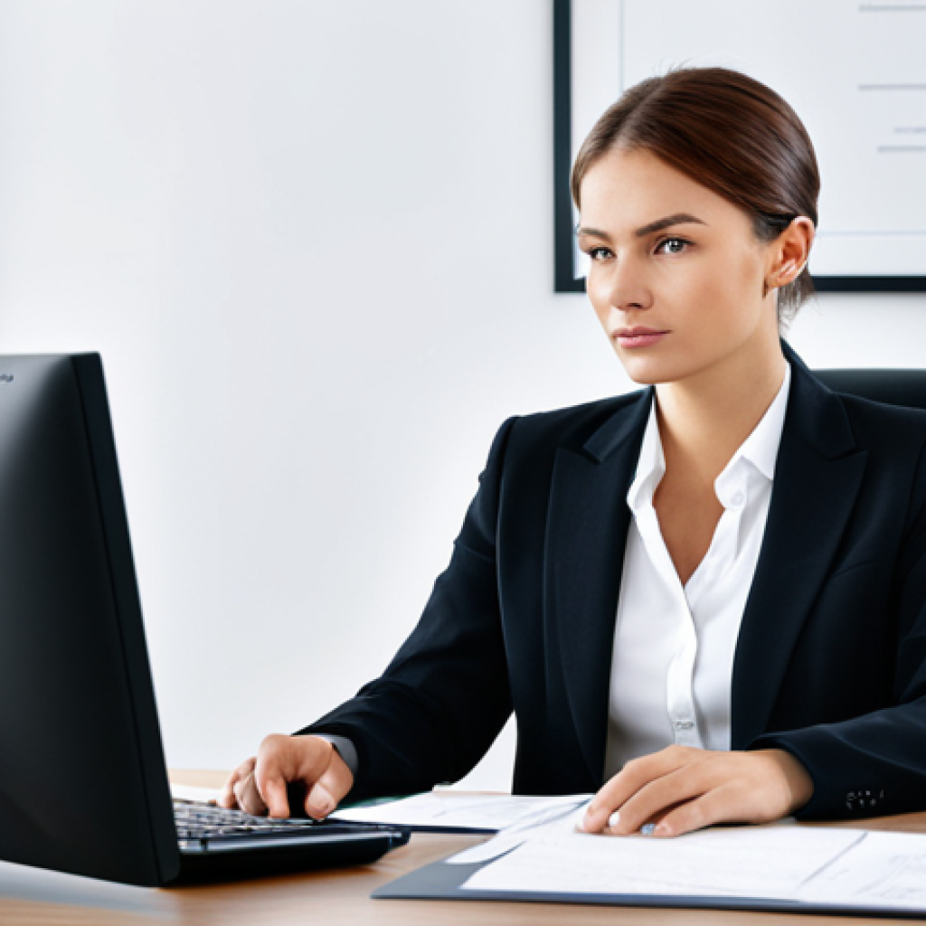 AI 예술의 저작권 문제 - একজন পেশাদার নারী একটি আধুনিক অফিসে ডেস্কের সামনে বসে আছেন। তার পরনে একটি মার্জিত বিজনেস স্যুট, যা ত...