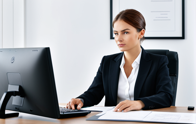 AI 예술의 저작권 문제 - একজন পেশাদার নারী একটি আধুনিক অফিসে ডেস্কের সামনে বসে আছেন। তার পরনে একটি মার্জিত বিজনেস স্যুট, যা ত...