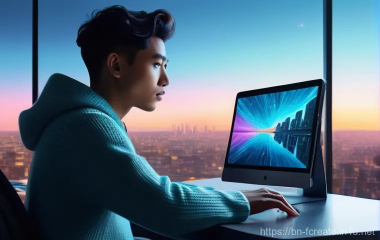 실시간 창작 지원 AI - **A New World of Creative Collaboration:**
A medium shot, cinematic digital painting of a young,...