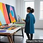 Home 17 AI 기반의 창작 분석 - **Prompt:** A vibrant, futuristic art studio. In the center, a sleek, minimalist AI interface projec...