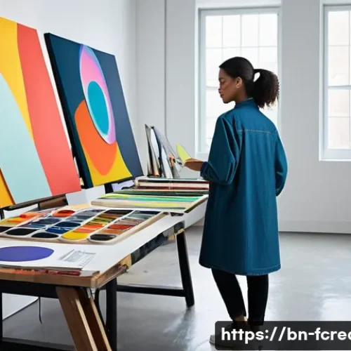 Home 11 AI 기반의 창작 분석 - **Prompt:** A vibrant, futuristic art studio. In the center, a sleek, minimalist AI interface projec...