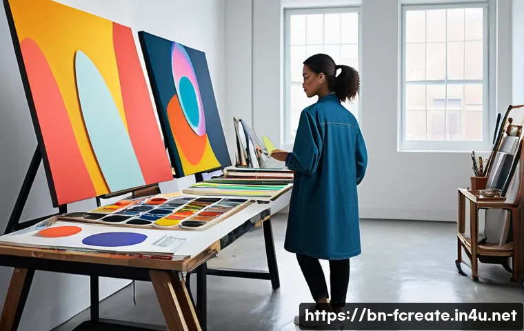 AI 기반의 창작 분석 - **Prompt:** A vibrant, futuristic art studio. In the center, a sleek, minimalist AI interface projec...